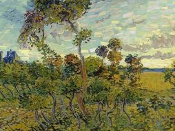 ''Atardecer en Montmajour'' presenta un paisaje con árboles, arbustos y el cielo, todo con el característico trazo grueso de Van Gogh. ESPECIAL /