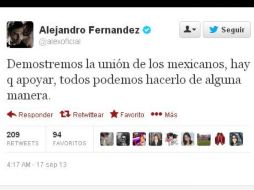 El mensaje de Alejandro Fernández invita a demostrar la unión entre los mexicanos. ESPECIAL /