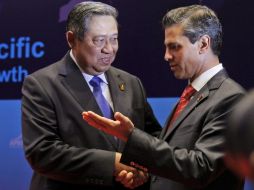 El Presidente indonesio, anfitrión de la cumbre de la APEC, Susilo Bambang (i), conversa con su homólogo mexicano, Enrique Peña Nieto. EFE /