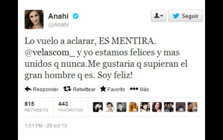 Anahí aclaró que su relación con el político sigue, a través de un mensaje de Twitter. ESPECIAL /