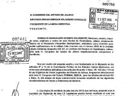 Documento enviado por Rodolfo Ocampo al Congreso, en el cual se hace constar que está recluido en el Reclusorio Preventivo.  /