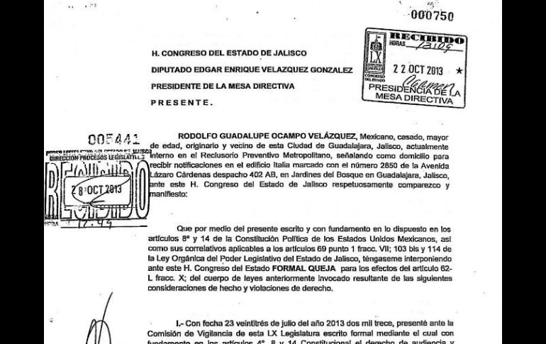 Documento enviado por Rodolfo Ocampo al Congreso, en el cual se hace constar que está recluido en el Reclusorio Preventivo.  /