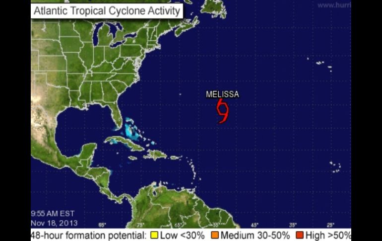 Imagen satelital que muestra la ubicación del fenómeno proporcionada por el Centro Nacional de Huracanes de EU. ESPECIAL /