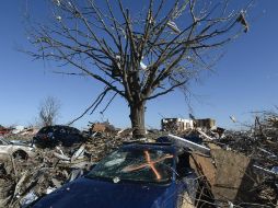 Dos vehículos y un árbol se aprecian entre los escombros que dejaron los tornados a su paso por el condado de Washington, en Illinois. EFE /