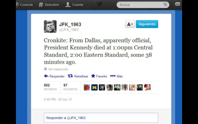 Utilizan como referencia datos del periodista Walter Cronkite de CBS News. @JFK_1963. ESPECIAL /