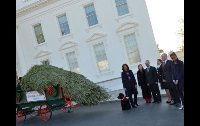 Michelle Obama y sus hijas acogieron el árbol navideño que decorará el Salón Azul de la Casa Blanca. AFP /