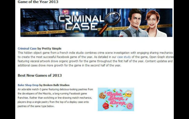 El juego 'Criminal Case' gana el primer lugar de la lista publicada por la red social Facebook. ESPECIAL /