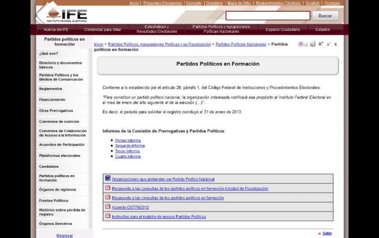 El IFE dispuso un micrositio en su página web para conocer las etapas y los requisitos del proceso de registro. Tomada de ife.org.mx. ESPECIAL /