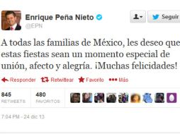 El mandatario expresa sus felicitaciones a través de su cuenta oficial @EPN. ESPECIAL /