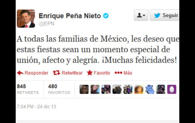 El mandatario expresa sus felicitaciones a través de su cuenta oficial @EPN. ESPECIAL /