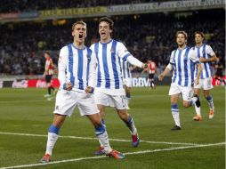 Antonie Griezmann celebra la primera anotación del equipo de la Real Sociedad. EFE /