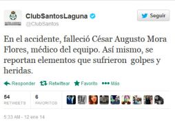 El  Club Santos Laguna informa a través de su cuenta de Twitter del incidente. ESPECIAL /