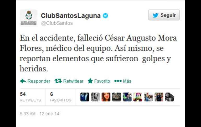 El  Club Santos Laguna informa a través de su cuenta de Twitter del incidente. ESPECIAL /