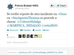 'Se recibe reporte de incidente en Oxxo en SanAgustinTlaxiaxa se procede a checar', sigla uno de los tuits.@Policias_HGO ESPECIAL /