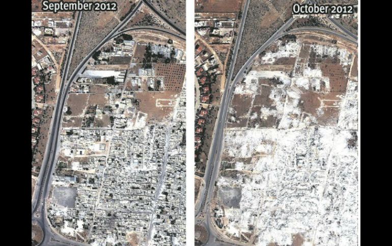 Imágenes del barrio de Masha al-Arb, correspondientes al 28 de septiembre y 13 de octubre de 2012, muestran la destrucción de casas. EFE /