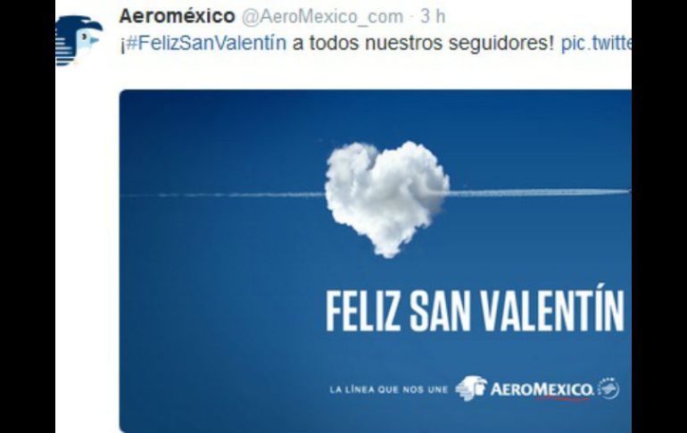 #FelizSanValentin creado por Aeromexico hace referencia a simplemente desear un feliz día del amor y la amistad. Foto: @aeromexico_com. ESPECIAL /