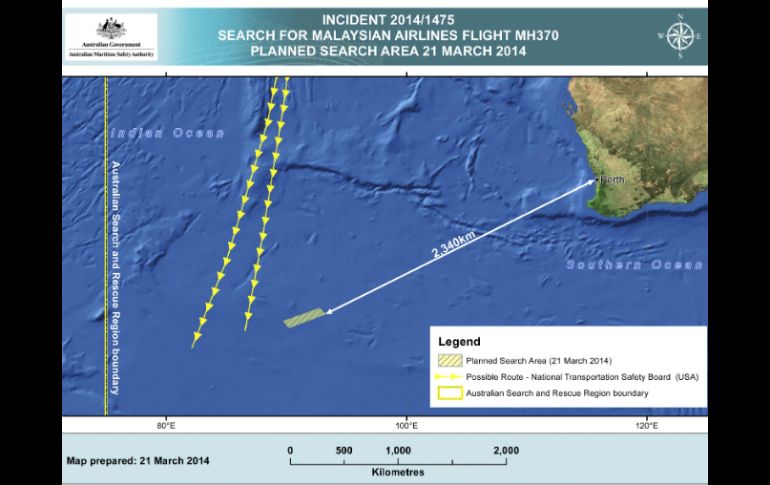 Gráfico que muestra el área donde se concentra la búsqueda del avión de Malaysia Airlines. AP /