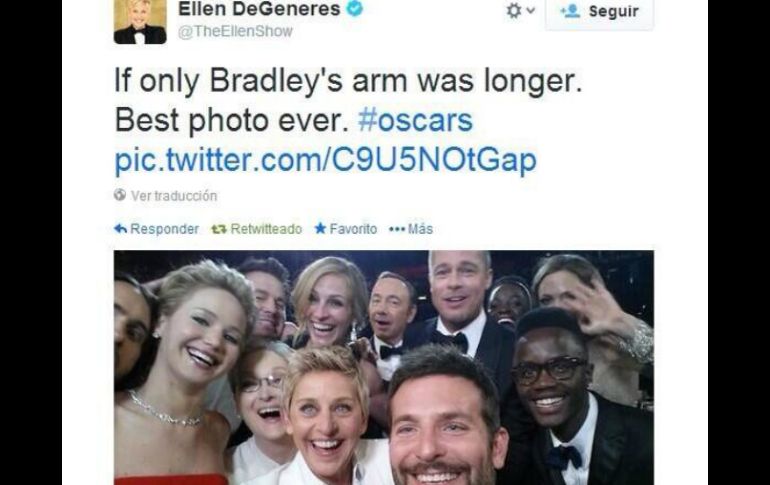 La 'selfie' de los Oscar 2014 no pudo ser visualizada por falla en Twitter. ESPECIAL /