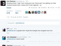 Dotcom dió a conocer la noticia en su cuenta de Twitter. Foto: @KimDotcom. ESPECIAL /