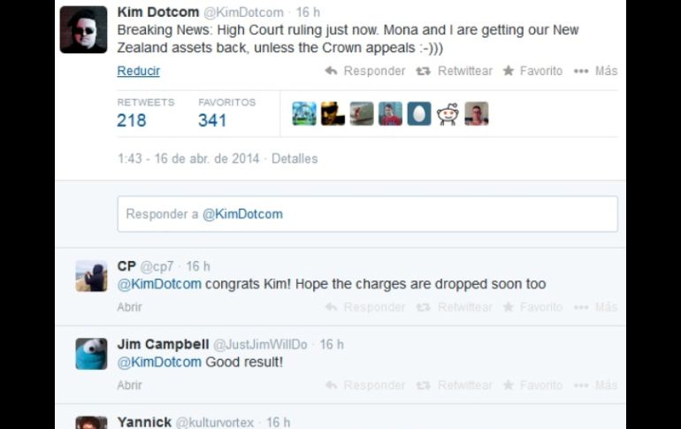 Dotcom dió a conocer la noticia en su cuenta de Twitter. Foto: @KimDotcom. ESPECIAL /