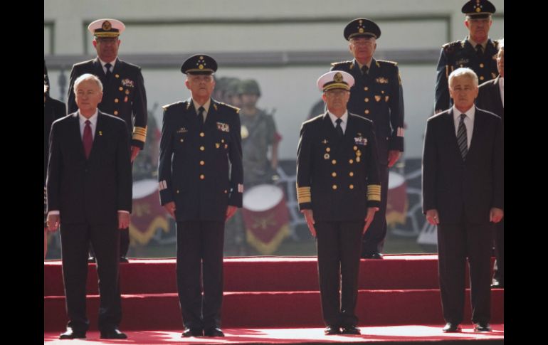 Los ministros Nicholson de Canadá, Salvador Cienfuegos y Soberón de México y Hagel de EU. AFP /