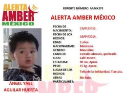 Desactivan la Alerta Amber para el menor Ángel Yael Aguilar, localizado en Tetla, Tlaxcala. Foto: AAMBER_mx. ESPECIAL /