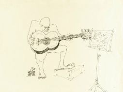 El dibujo de los años sesenta en el que aparece un guitarrista con cuatro ojos se llama 'Un hombre sentado toca la guitarra'. EFE /