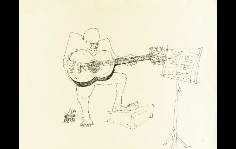 El dibujo de los años sesenta en el que aparece un guitarrista con cuatro ojos se llama 'Un hombre sentado toca la guitarra'. EFE /