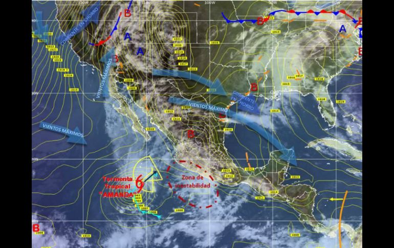 'Amanda' se desplaza hacia el noreste con vientos sostenidos de 95 kilómetros por hora y rachas de 110. TOMADA DE @conagua_clima  /