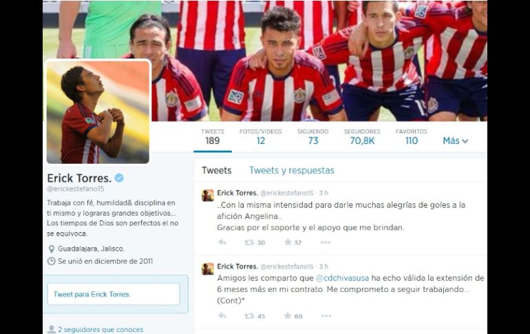 Érick Torres agradece a través de twitter que sigan depositando su confianza en él. ESPECIAL /