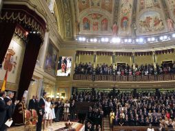 El rey Felipe VI durante su discurso ante las Cortes Generales.  /