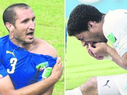 Mordida. El defensa italiano Giorgio Chiellini (izq) muestra la supuesta mordida del uruguayo Luis Suárez (derecha). AFP /