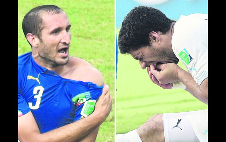 Mordida. El defensa italiano Giorgio Chiellini (izq) muestra la supuesta mordida del uruguayo Luis Suárez (derecha). AFP /