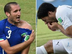 El mordisco que Luis Suárez dedica a Chiellini le cuesta nueve partidos oficiales de suspensión. AFP /