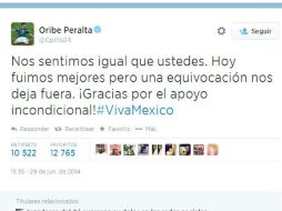 Imagen del mensaje que Oribe Peralta compartió en su cuenta de Twitter. ESPECIAL /