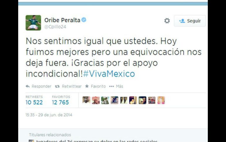 Imagen del mensaje que Oribe Peralta compartió en su cuenta de Twitter. ESPECIAL /