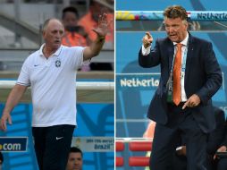 Será en definitiva un partido marcado por el carácter de sus técnicos, Scolari (i) y Van Gaal (d). AFP /