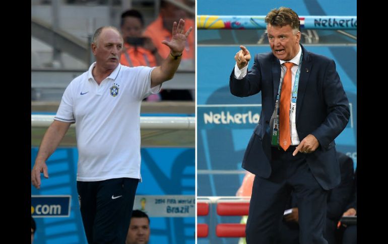 Será en definitiva un partido marcado por el carácter de sus técnicos, Scolari (i) y Van Gaal (d). AFP /