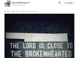 Uno de los tuits de Pistorius, genera reacciones entre los usuarios de Twitter. Foto: @OscarPistorius. ESPECIAL /