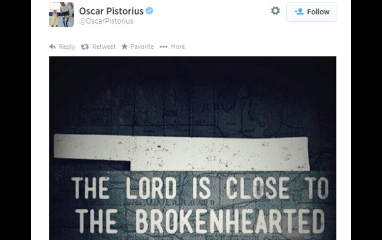 Uno de los tuits de Pistorius, genera reacciones entre los usuarios de Twitter. Foto: @OscarPistorius. ESPECIAL /