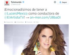 En la imagen, el tuit en el que Telemundo le da la bienvenida a la actriz. ESPECIAL /