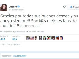 Tras la noticia de su llegada a Telemundo, Lucero agradece en Twitter a sus seguidores. ESPECIAL /