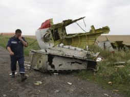 Un miembro de los servicios de rescate ucranianos se acerca al lugar donde se estrelló el avión con 298 personas a bordo. EFE /