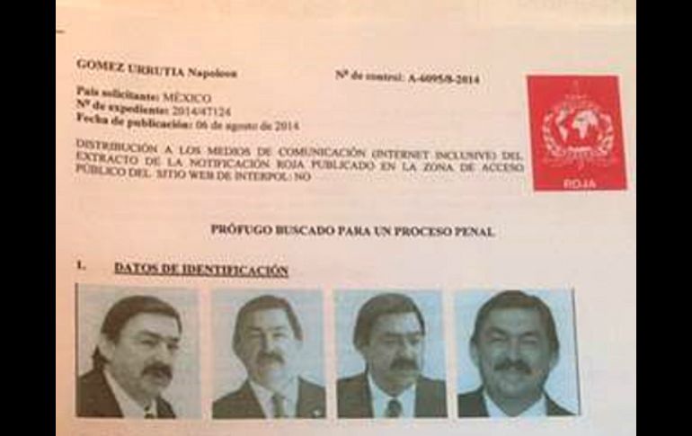 Vista de la ficha roja que emitió la Interpol para capturar a Napoleón Gómez Urrutia. SUN /