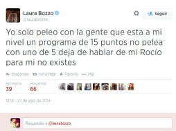 Bozzo utilizo su cuenta de Twitter para hablar sobre la pelea. Foto: @laurabozzo. ESPECIAL /