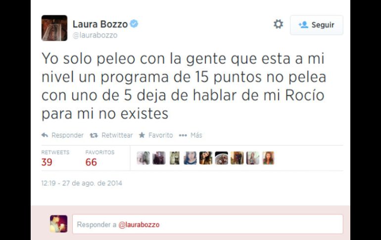 Bozzo utilizo su cuenta de Twitter para hablar sobre la pelea. Foto: @laurabozzo. ESPECIAL /