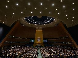 El secretario general de la ONU , Ban Ki-moon habla en la 69 Asamblea General de este organismo. AFP / J. Samad