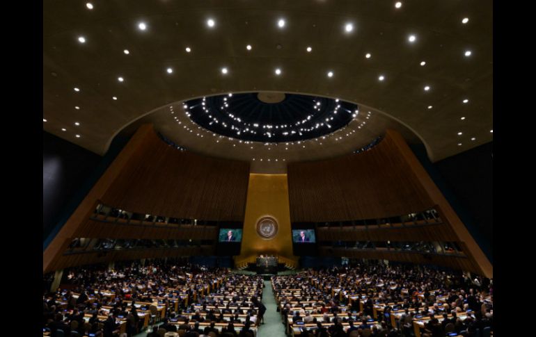 El secretario general de la ONU , Ban Ki-moon habla en la 69 Asamblea General de este organismo. AFP / J. Samad