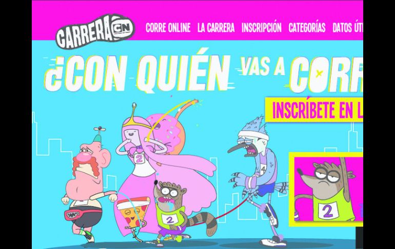 Personajes de Hora de aventura, entre los que invitan a los televidentes a participar en la carrera Cartoon Network. ESPECIAL / www.cartoonnetwork.com.mx