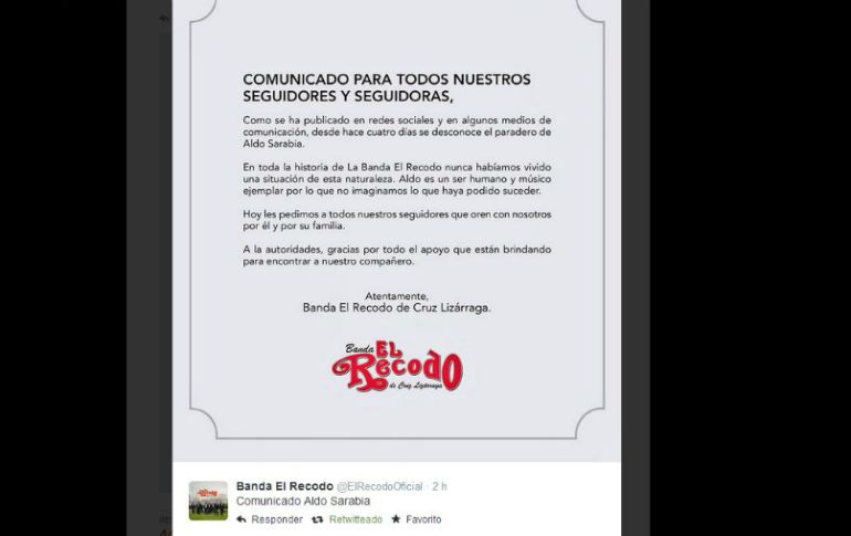 La banda añade: 'Nunca habíamos vivido una situación de esta naturaleza. Aldo es un ser humano y no imaginamos lo que pudo suceder'. TWITTER / @ElRecodoOficial